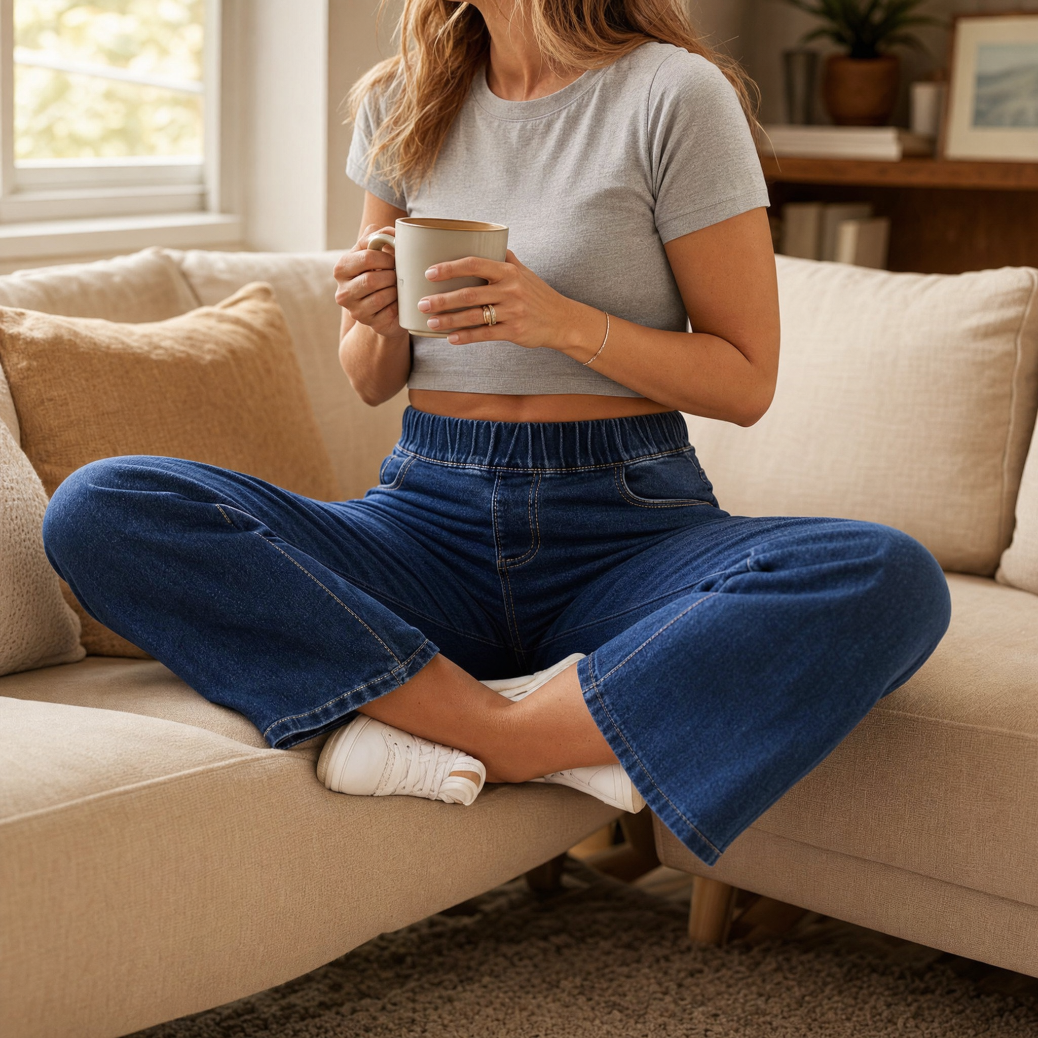 Lounette Elastic-Waist Cropped Denim Jeans for All-Day Comfort