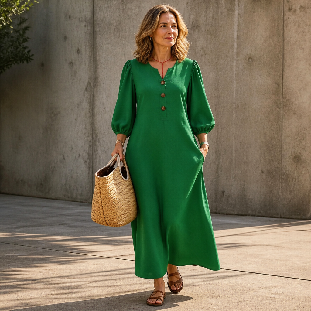Everdrape – V-Neck Puff Sleeve Pocketed Maxi Dress