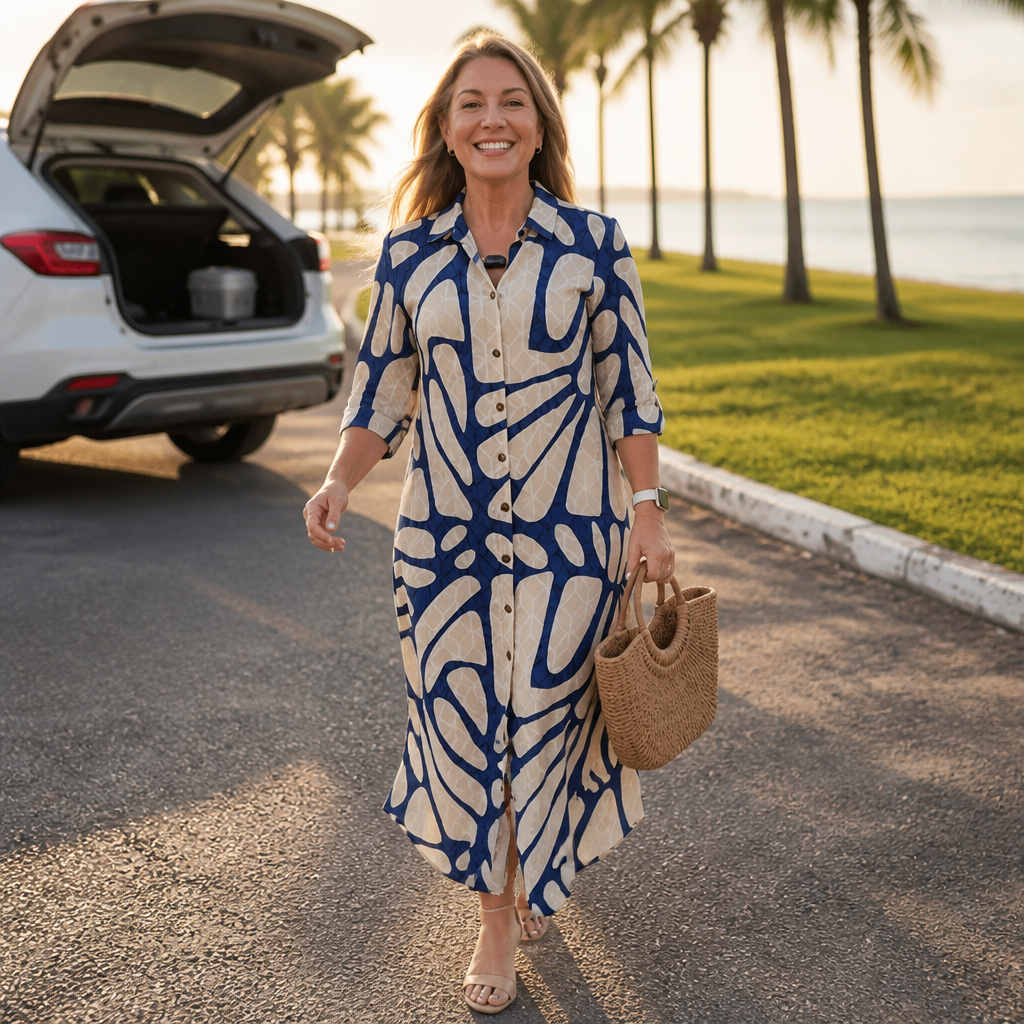 Easewear – Geometric Midi Dress That Skims, Not Clings