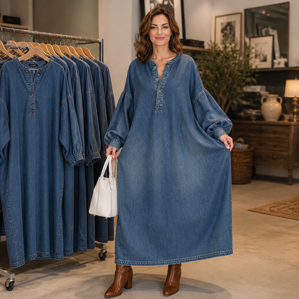 Denara – Lantern Sleeve Half-Button Denim Maxi Dress