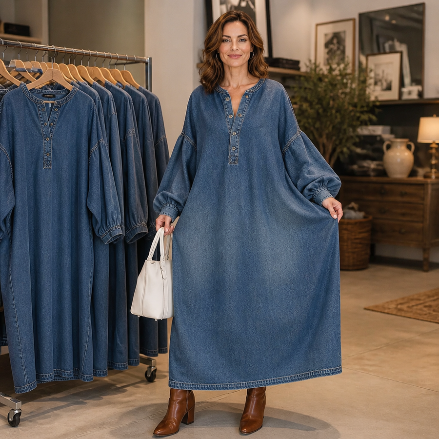 Denara – Lantern Sleeve Half-Button Denim Maxi Dress