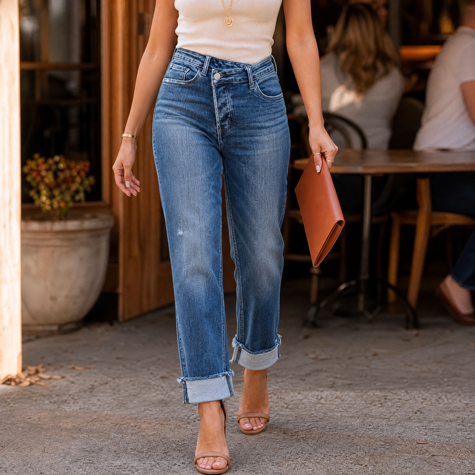 Denvie – Women's High-Waisted Crossover Straight-Leg Jeans