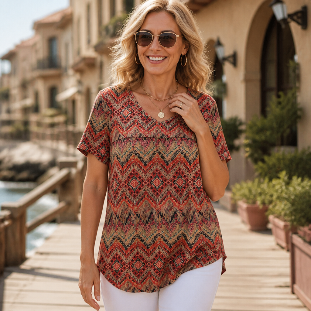Draveil – Pleated V-Neck Printed Short-Sleeve Top