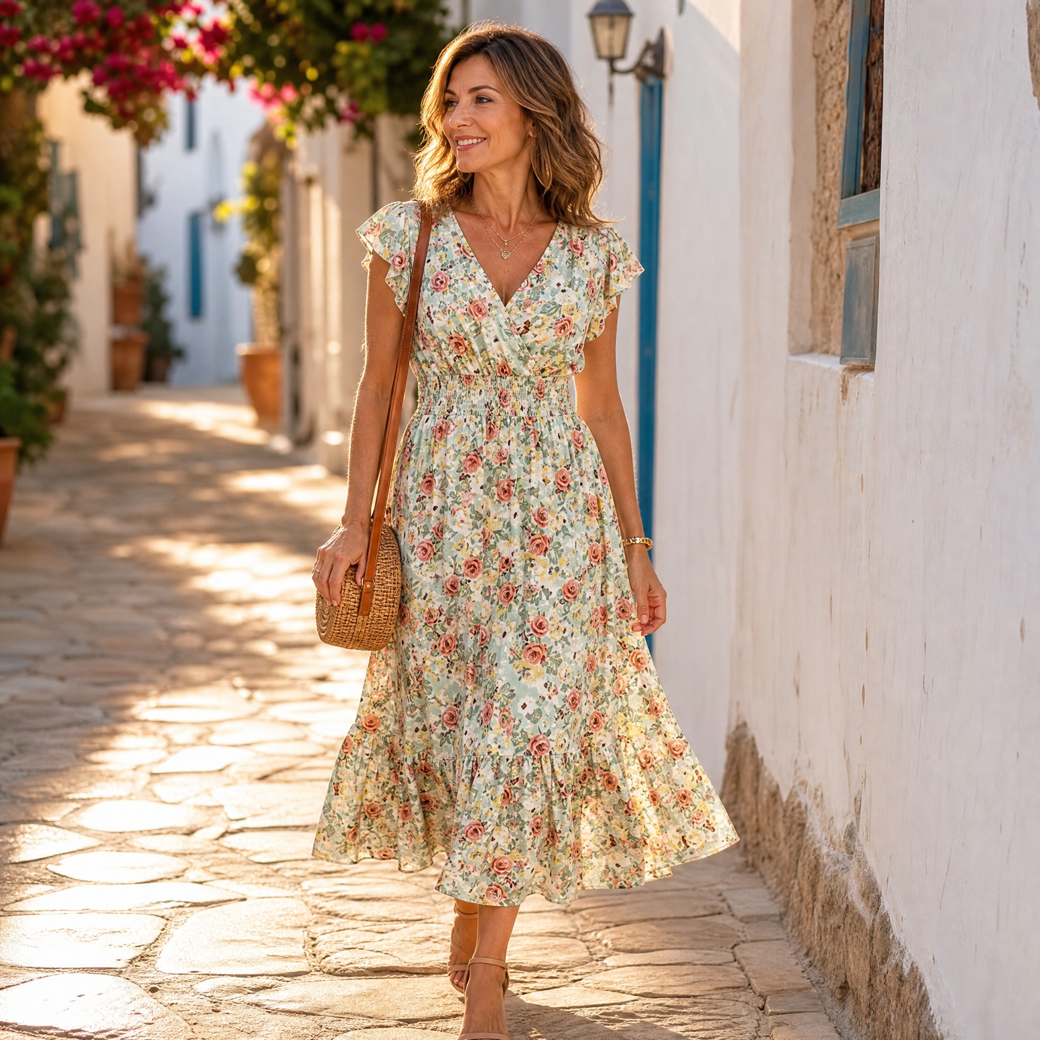 Florenza – Women's Floral V-Neck Smocked Midi Dress