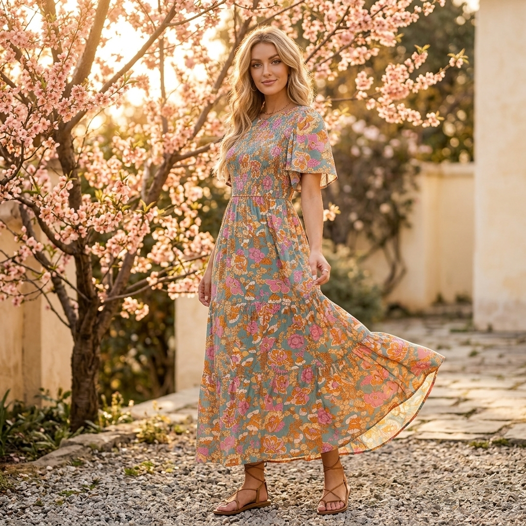 Florenza – Smocked Floral Maxi Dress for Spring