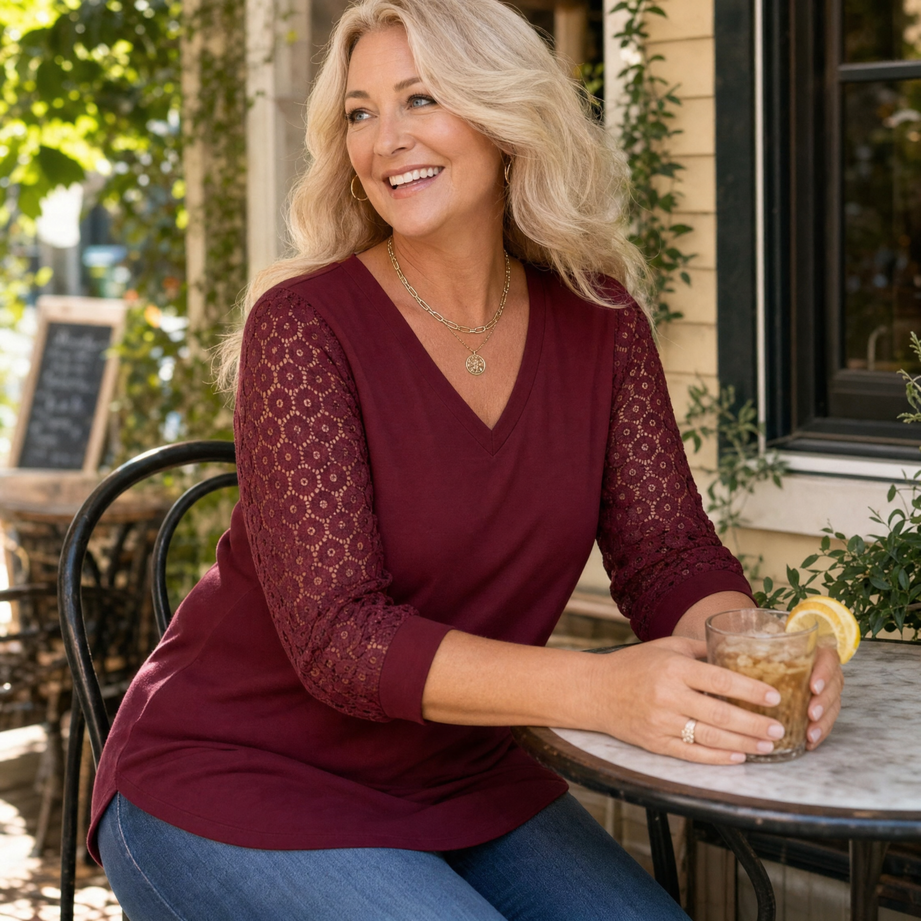 Lumeya – Crochet Lace Sleeve V-Neck Top