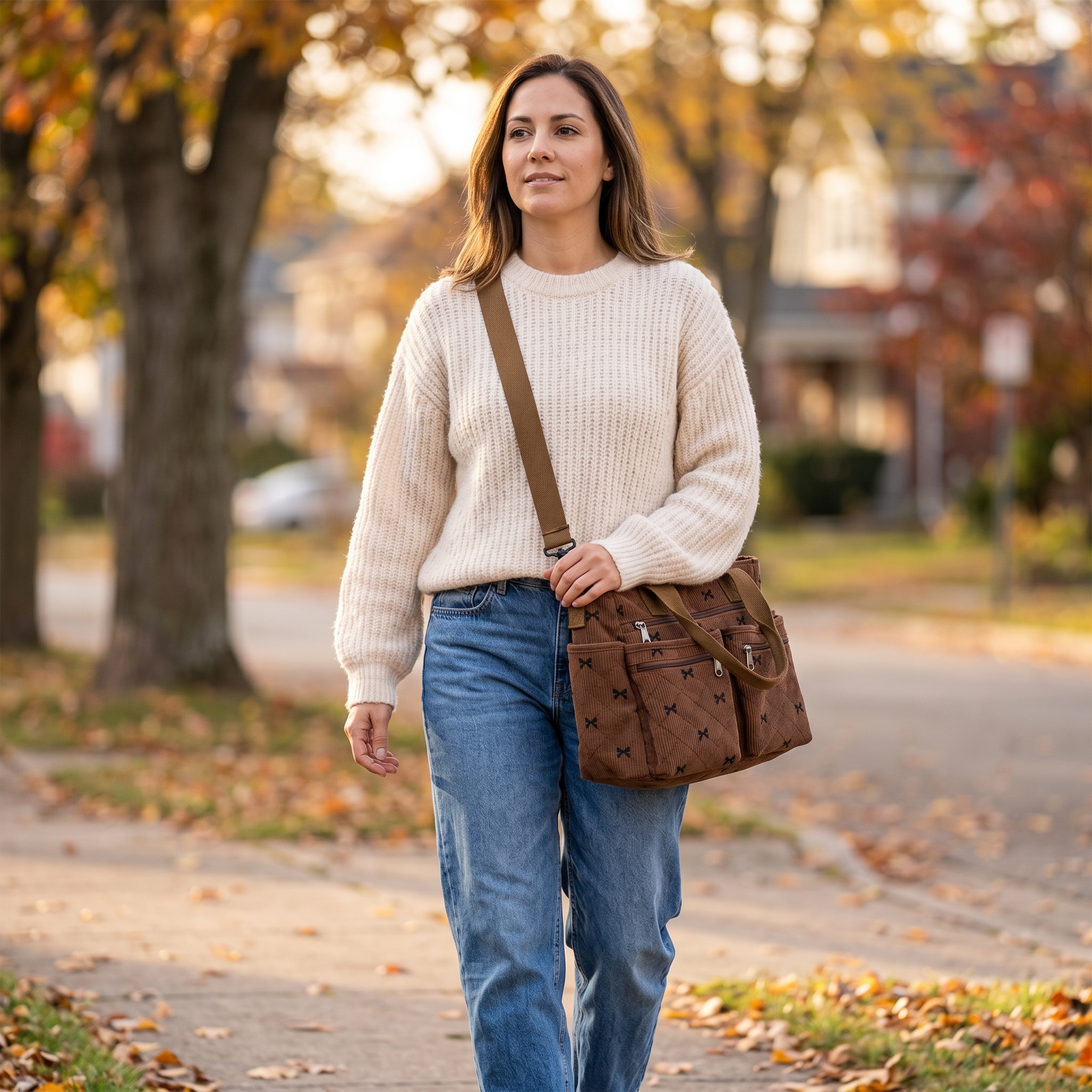 Bowette – Corduroy Bow-Print Tote with Laptop Pocket