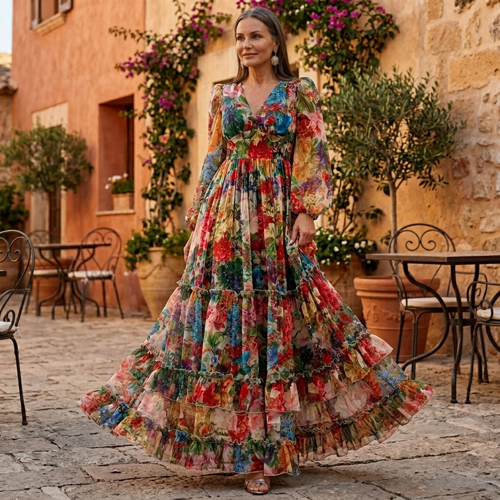 Floressa – Women's Tiered Floral Maxi Dress with Lantern Sleeves
