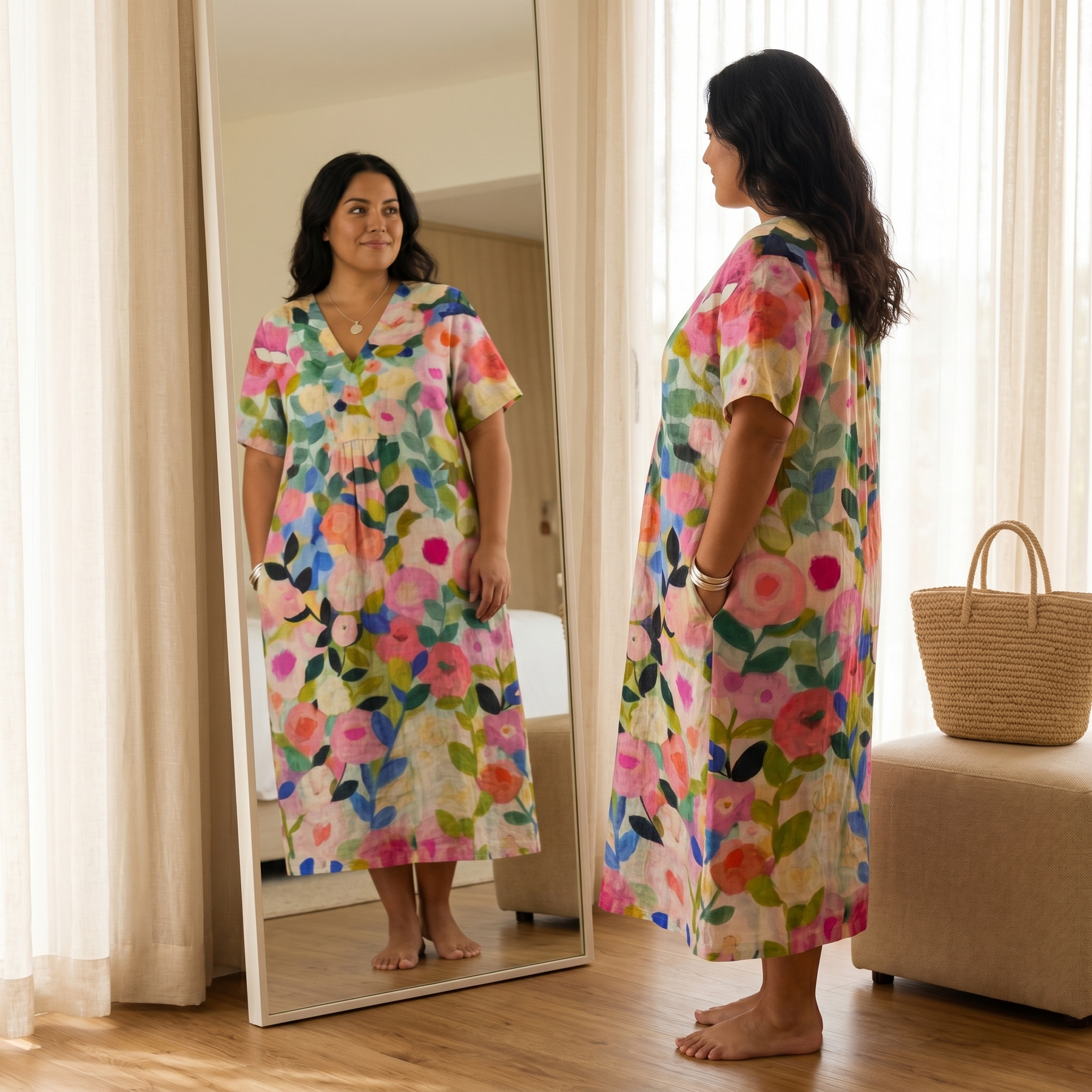 Florenza – Women's Painted Floral Plus-Size Midi Dress