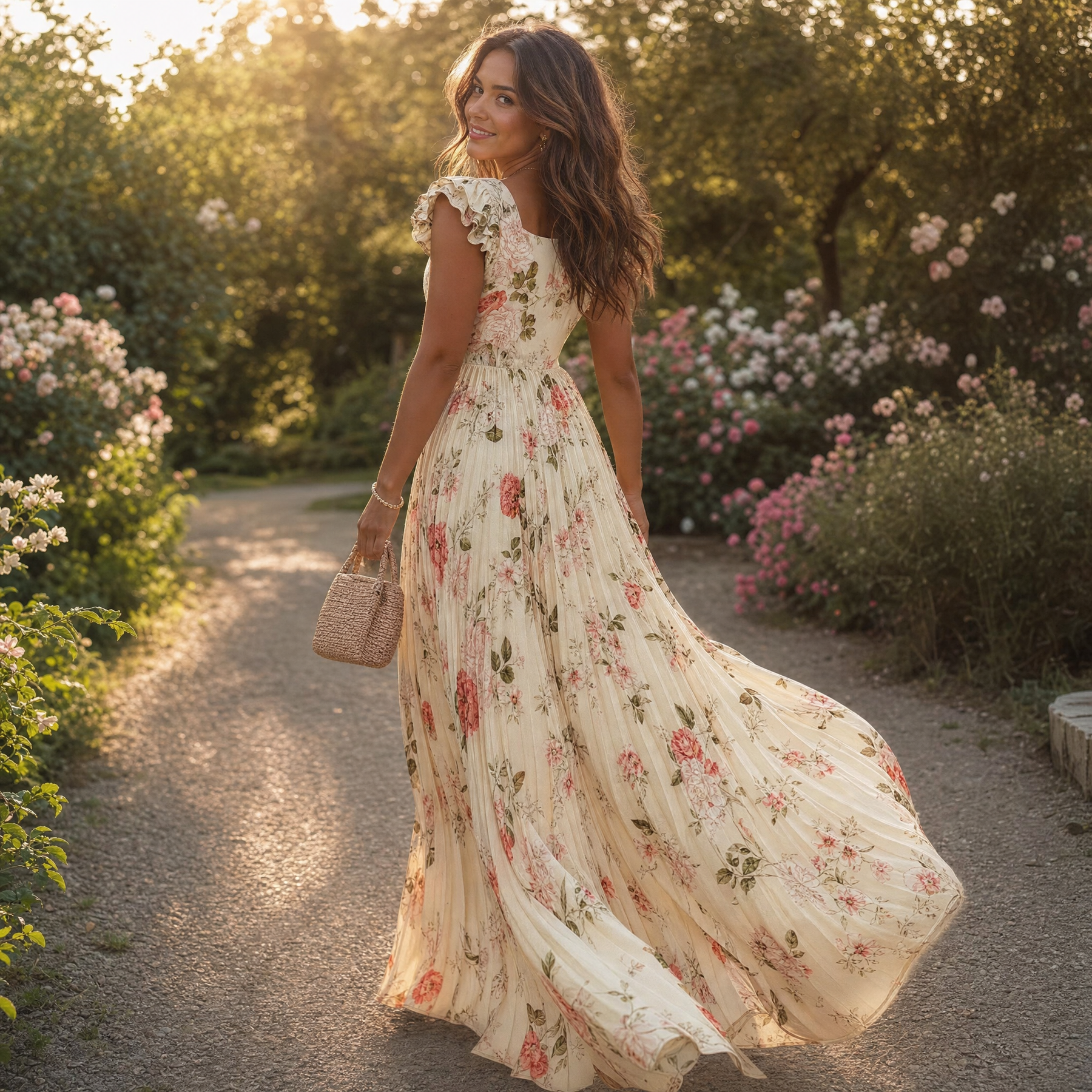 Florelle – Women's Square-Neck Floral Pleated Maxi Dress