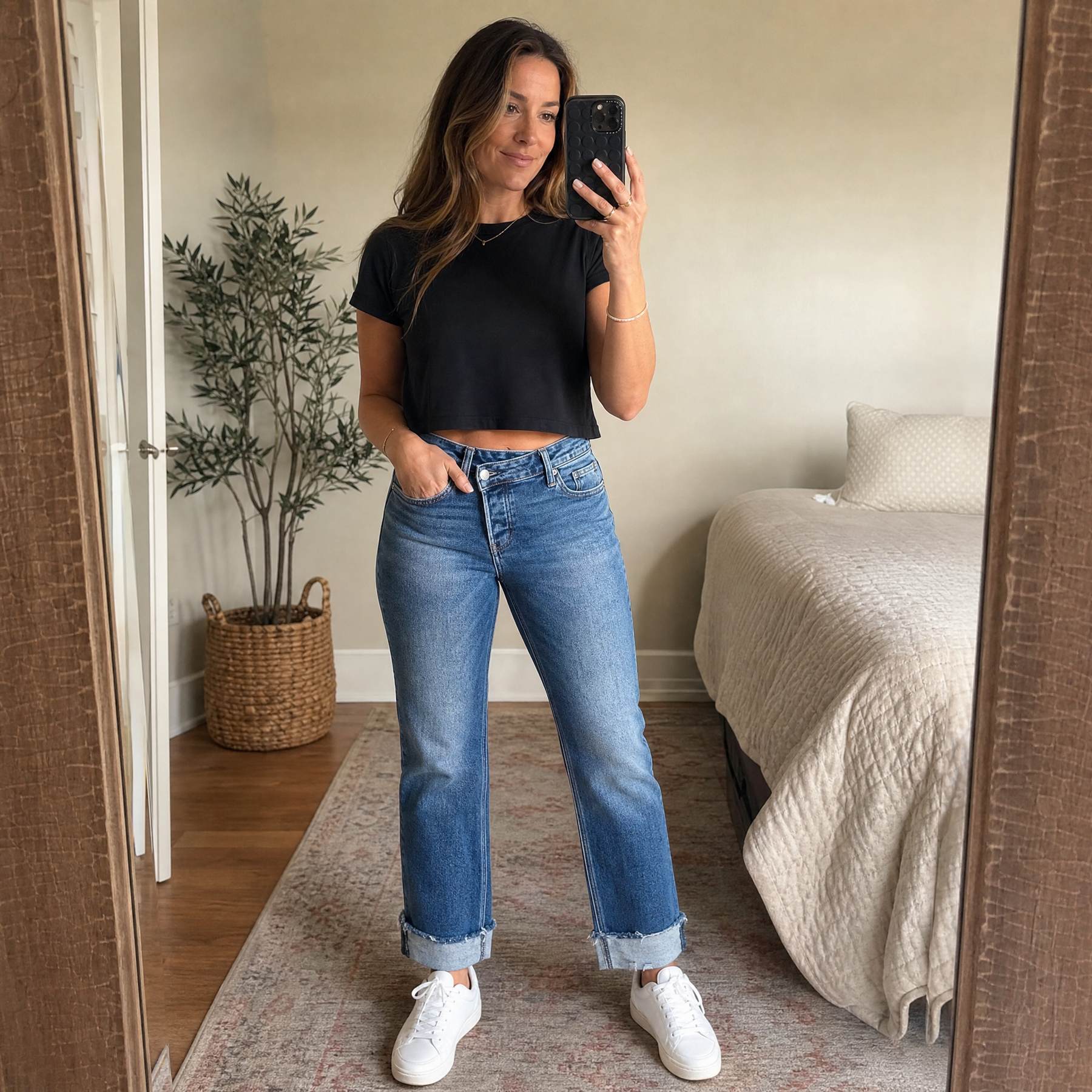 Denvie – Women's High-Waisted Crossover Straight-Leg Jeans