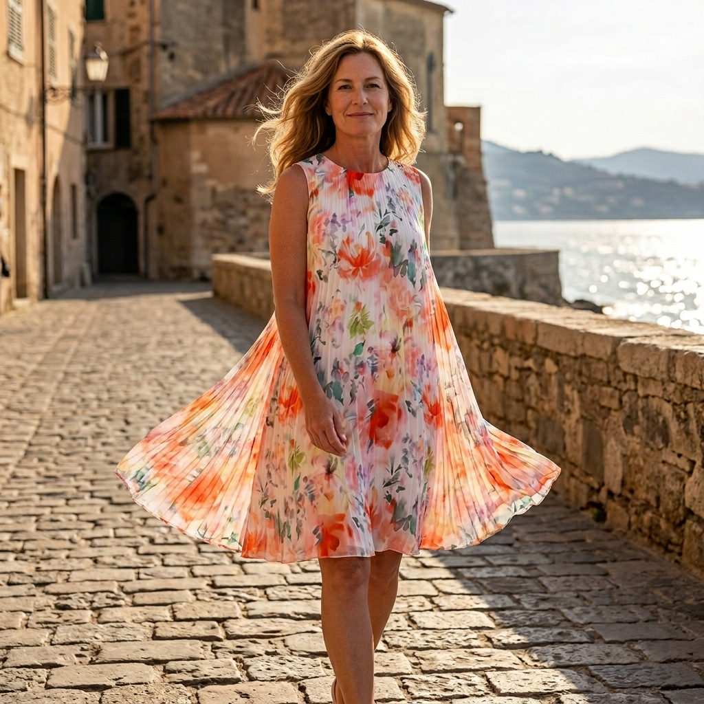 Floressa – Women's Watercolor Floral Pleated Midi Dress
