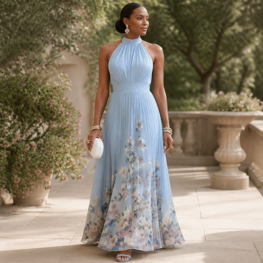 Corima – Halter Bow-Back Pleated Maxi Dress