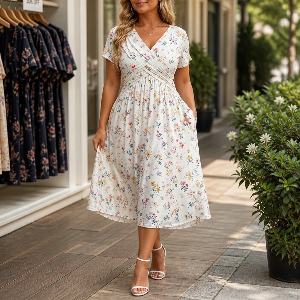 Curvella – Twist-Waist Floral V-Neck Midi Dress
