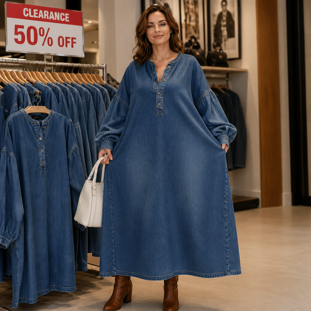 Denara – Lantern Sleeve Half-Button Denim Maxi Dress