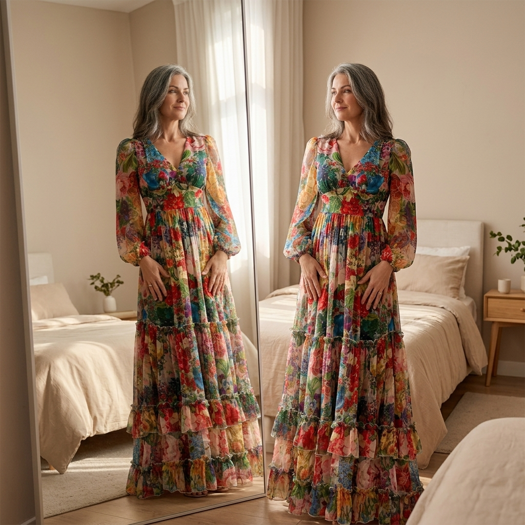 Floressa – Women's Tiered Floral Maxi Dress with Lantern Sleeves