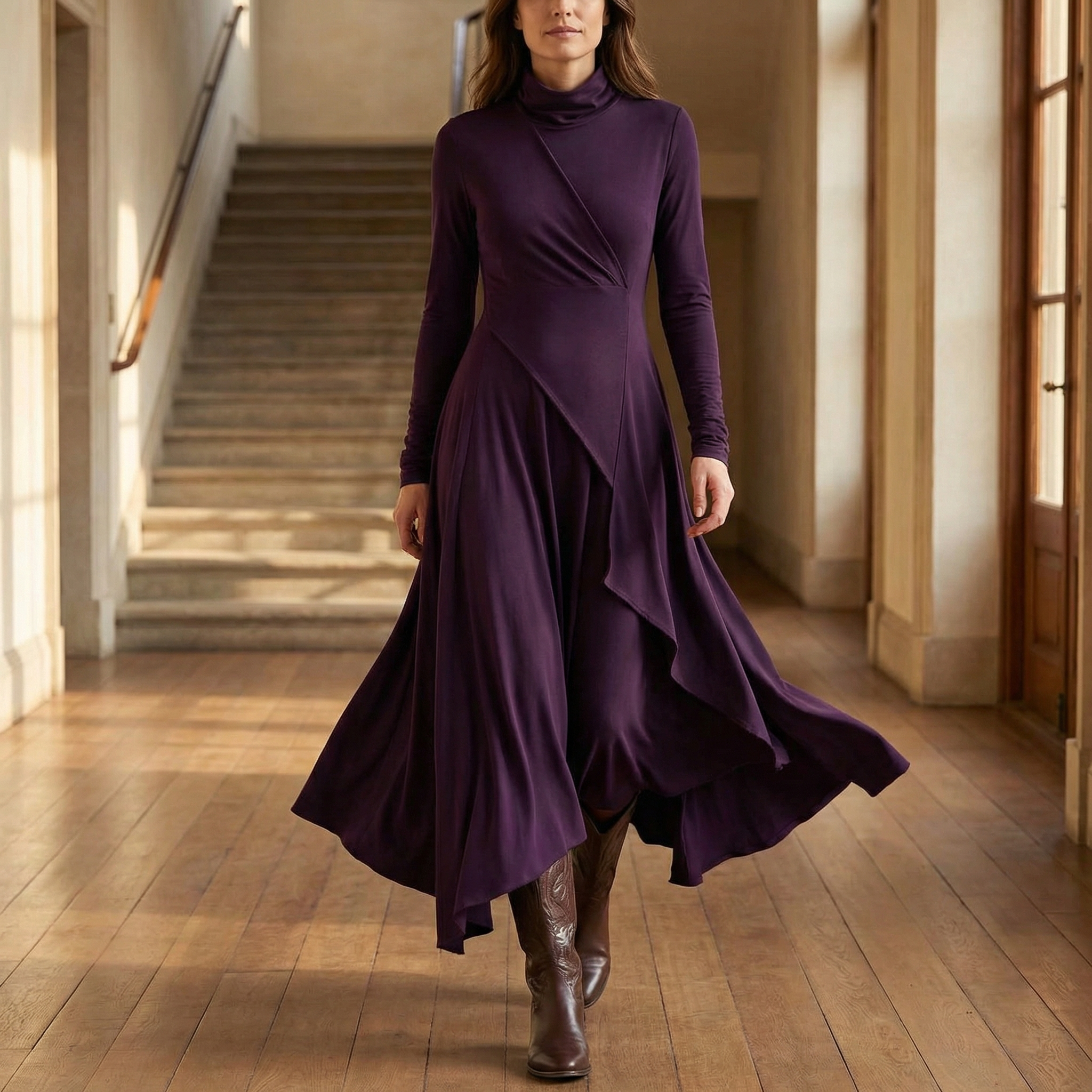 Florenne – Asymmetrical Draped High Neck Maxi Dress