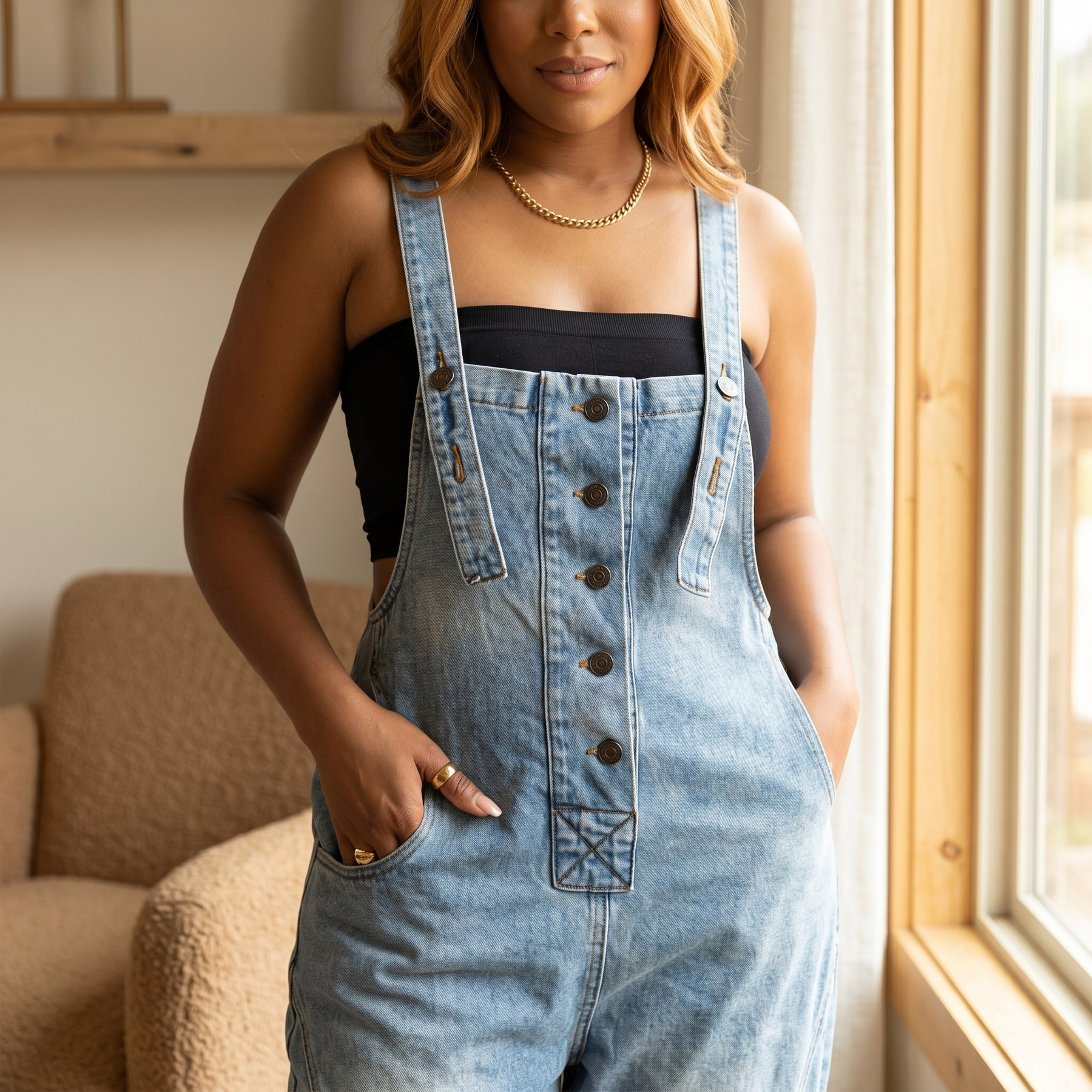 Curvella – Women's Button-Front Tapered Denim Overalls