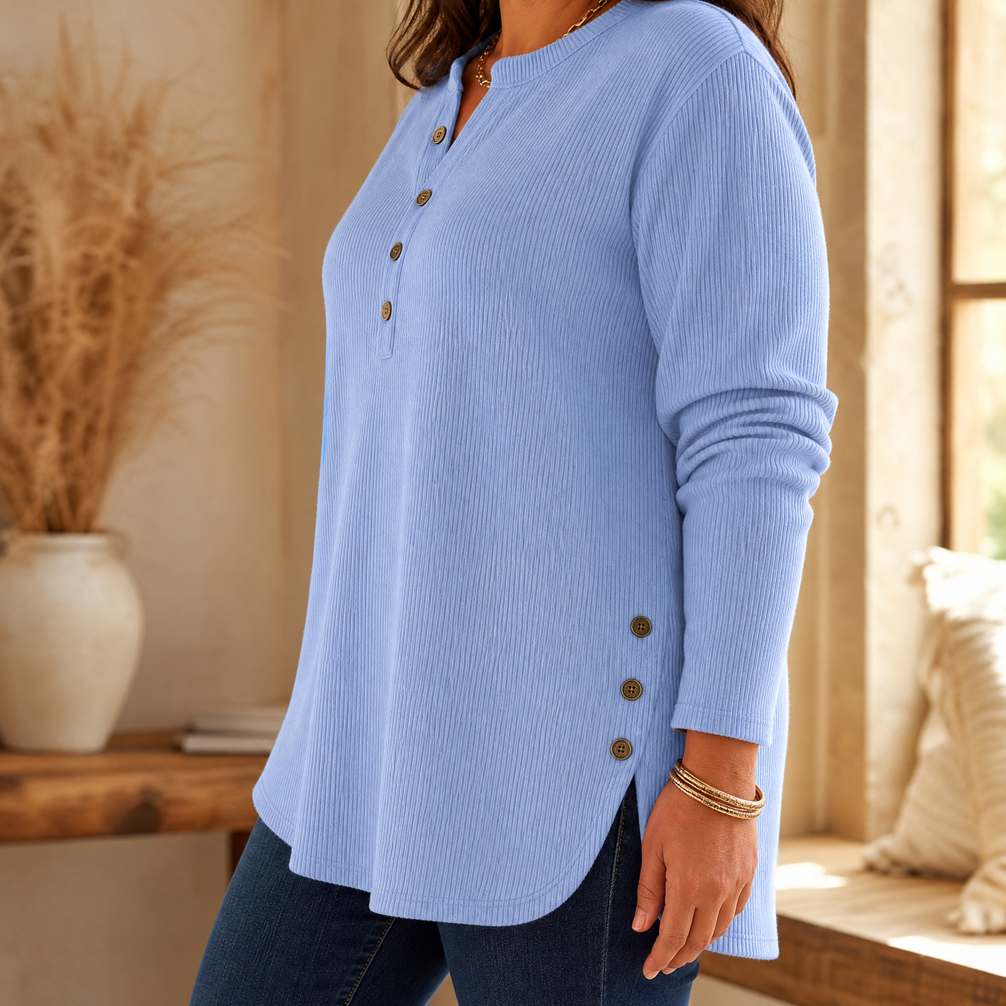 Lunavia - Ribbed Button-Up Henley Tunic