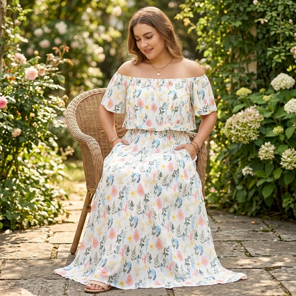 Florevia – Women's Off-Shoulder Floral Maxi Dress with Pockets
