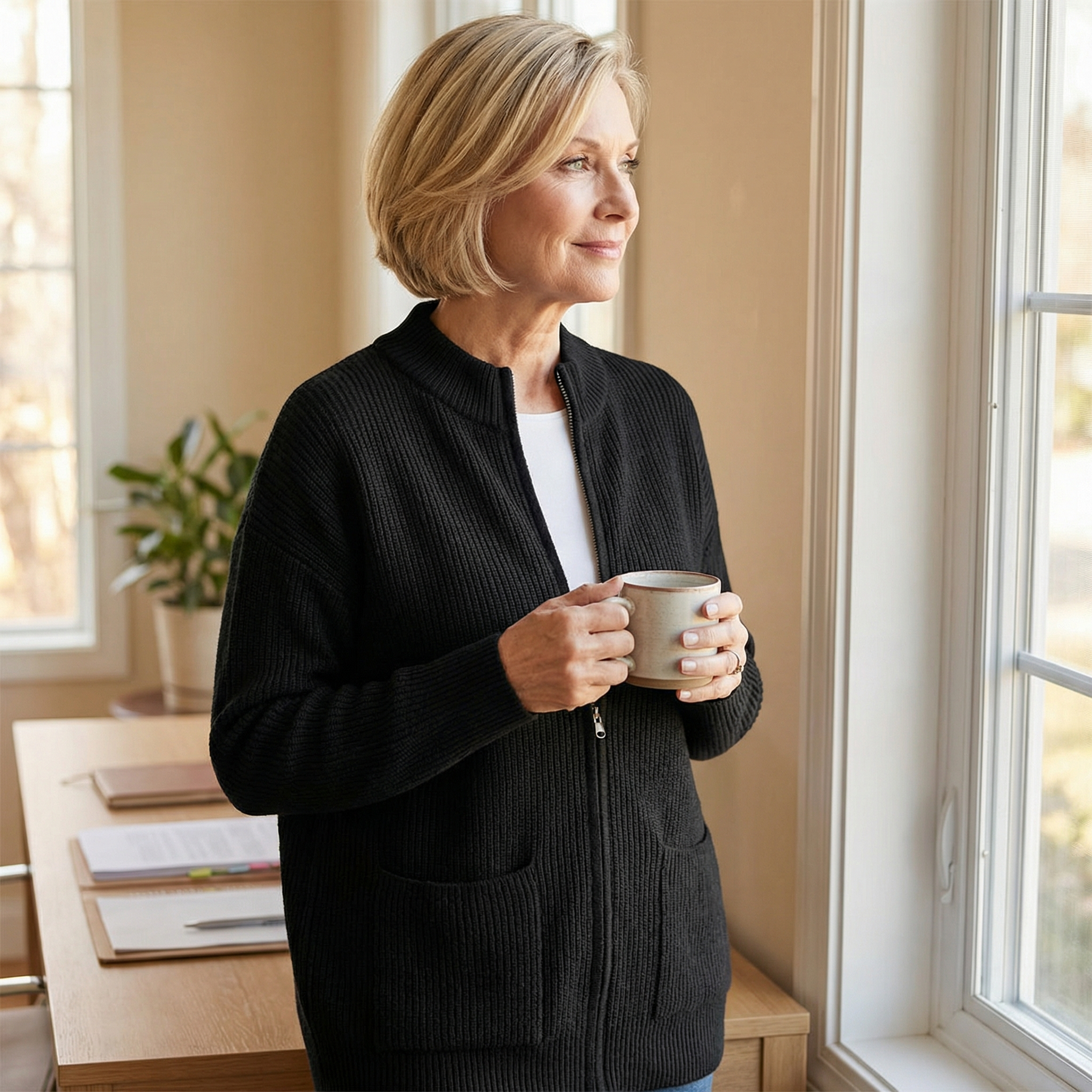Covena – Soft Knit Zip Up Cardigan with Pockets