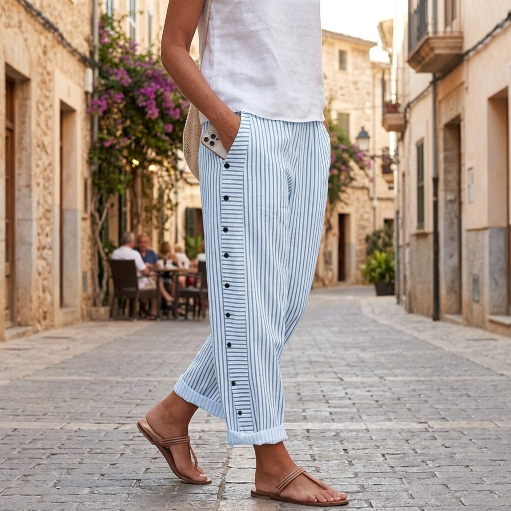Coastlyn – Women's Striped Pants with Button Trim