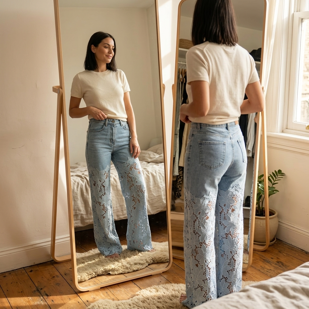 Laceveil – Women's Floral Lace Patchwork Wide Leg Jeans