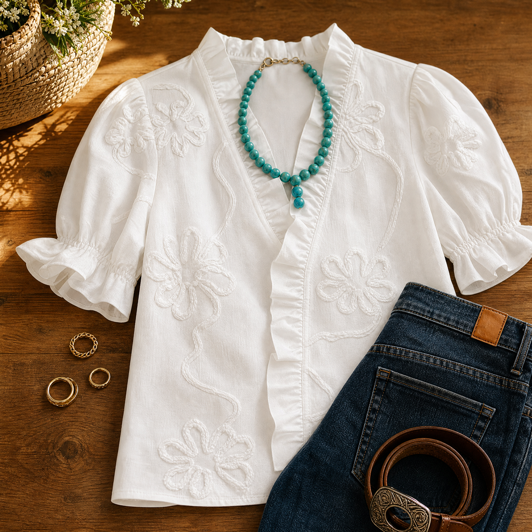 Belvera – Women's Romantic Ruffled V-Neck Blouse with Puff Sleeves