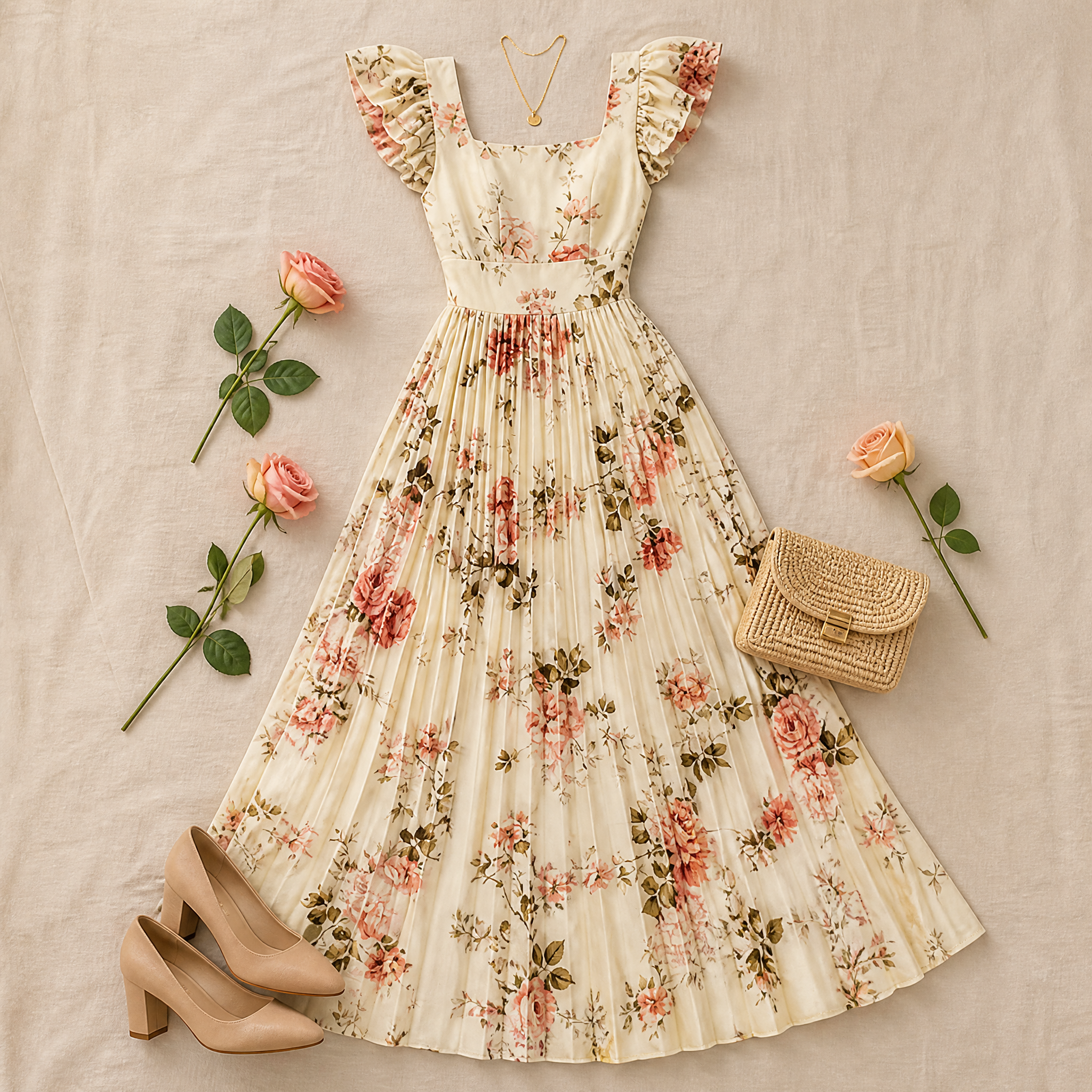 Florelle – Women's Square-Neck Floral Pleated Maxi Dress