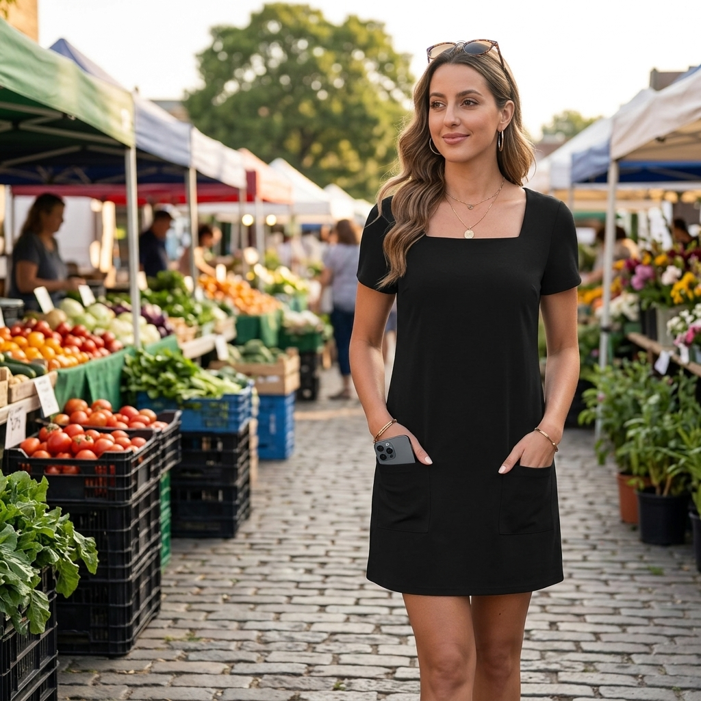 Daylyn – Women's Square Neck Jersey Mini Dress with Pockets