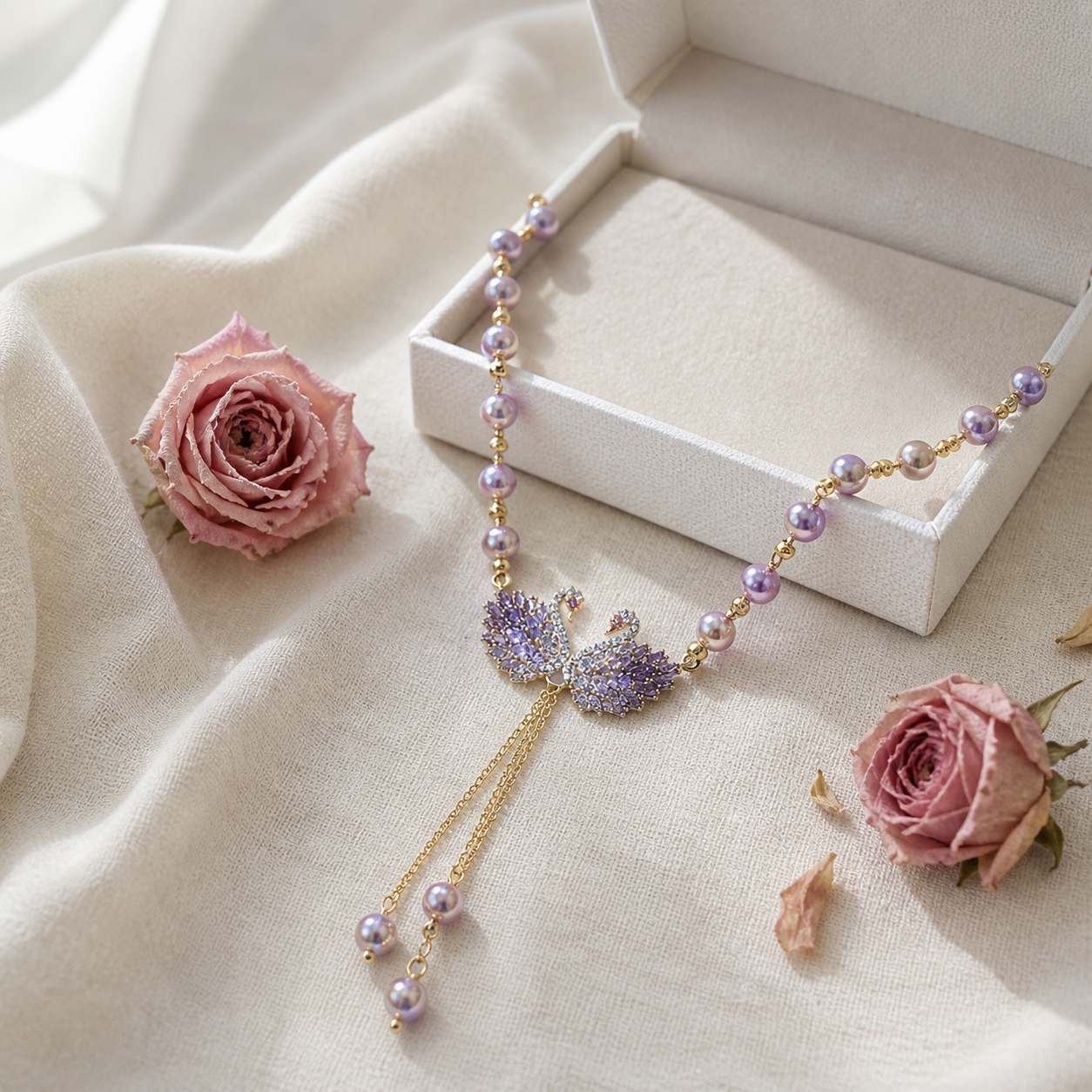Lunabelle – Twin-Swan Pearl Tassel Necklace