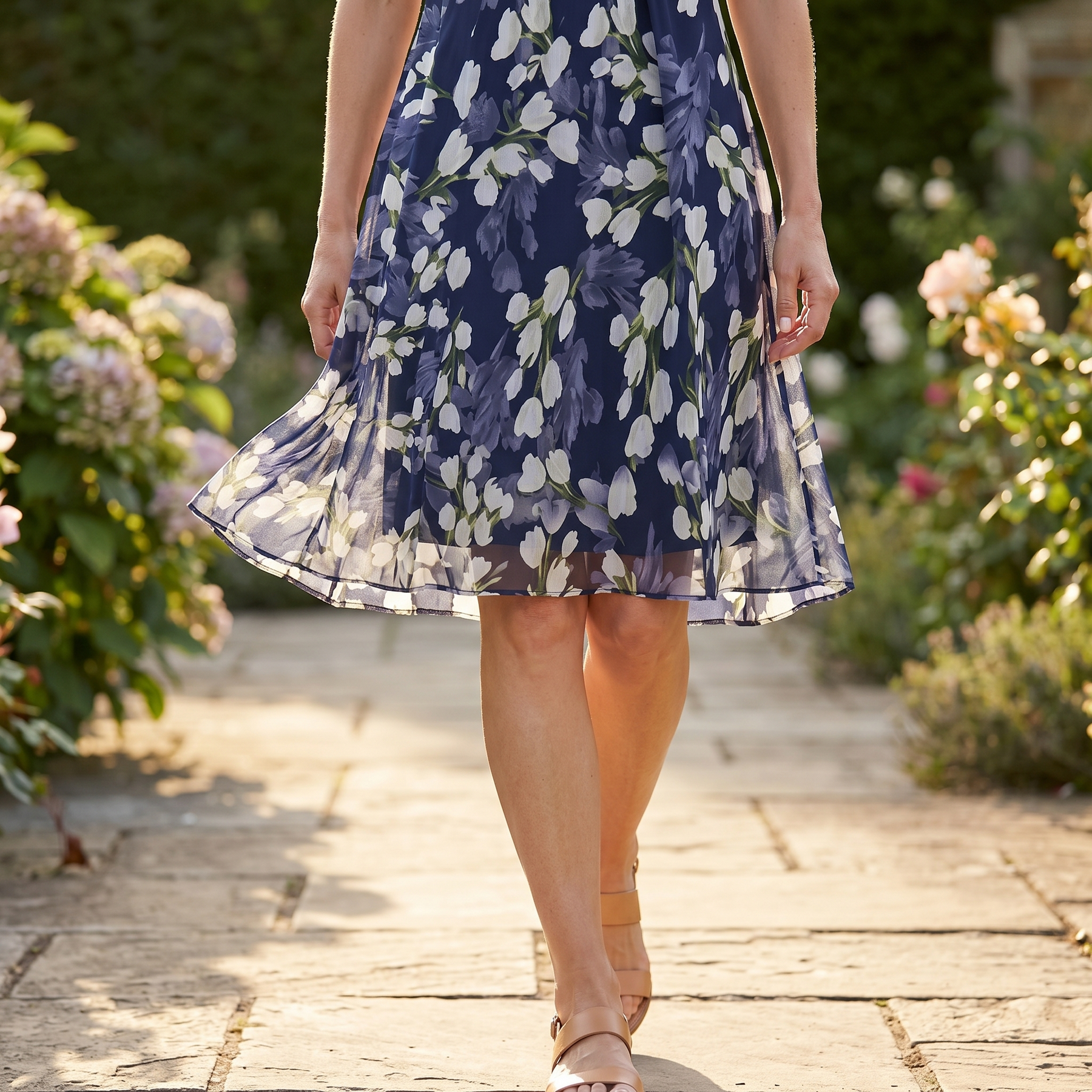 Florenza – Women's Elegant Navy Floral Midi Dress