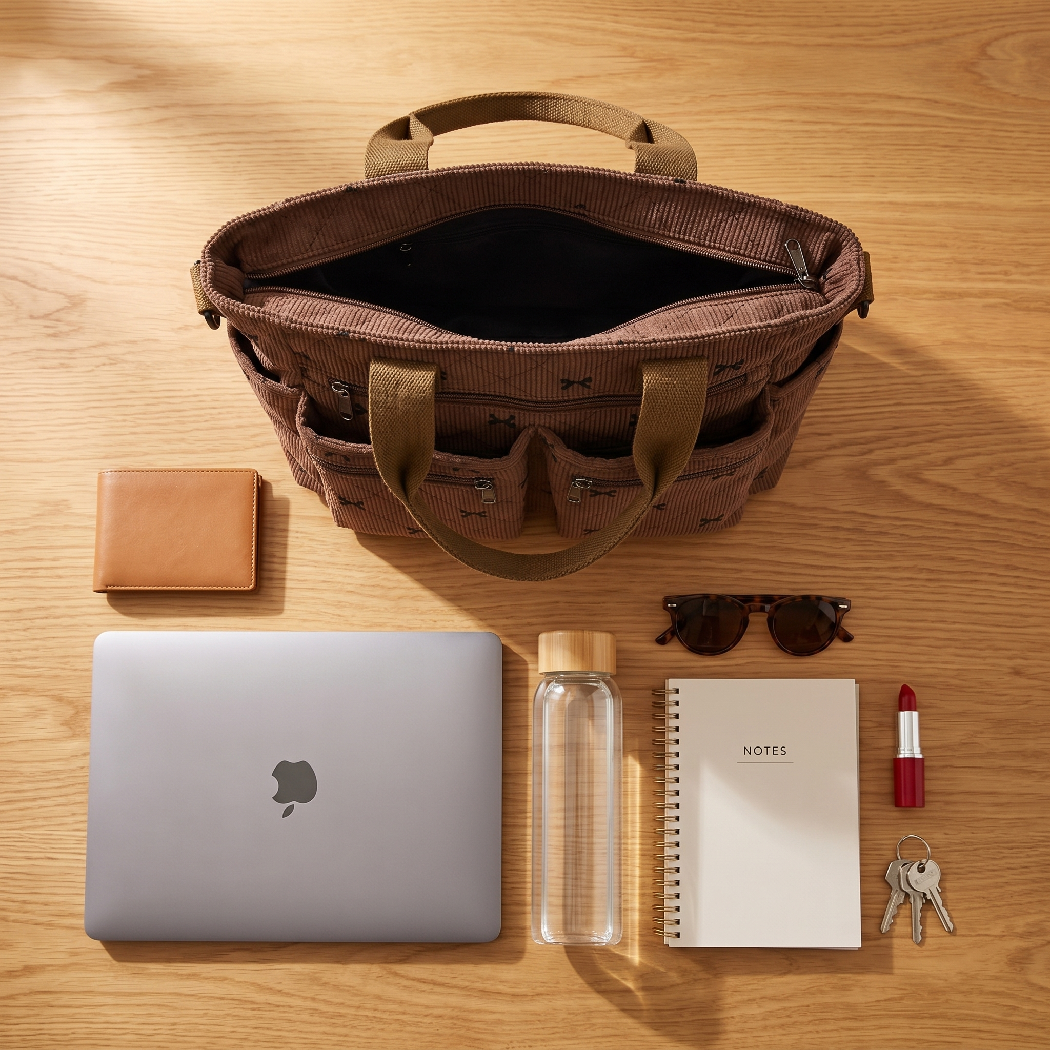 Bowette – Corduroy Bow-Print Tote with Laptop Pocket