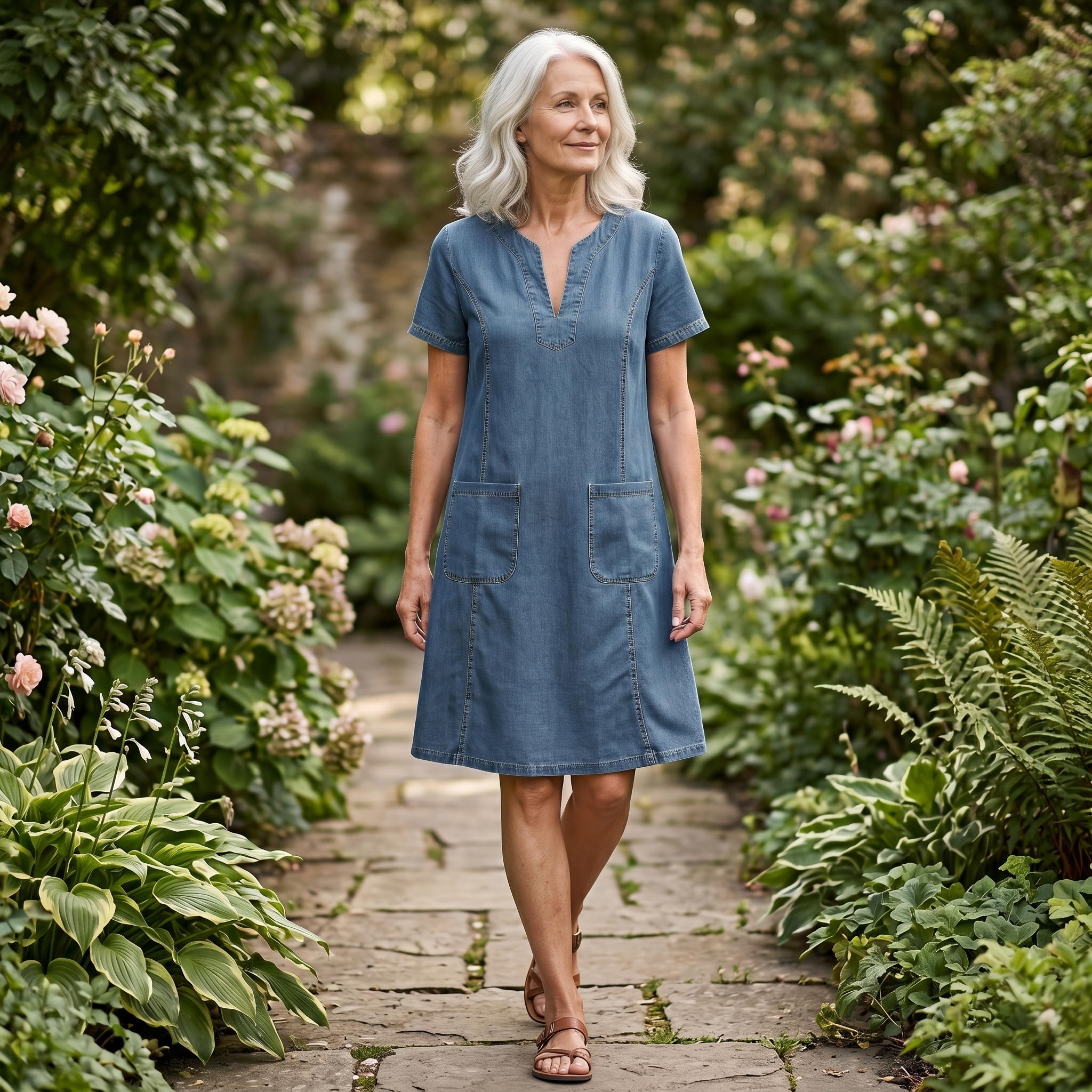 Aurelene – Women's V-Neck Denim Dress with Pockets