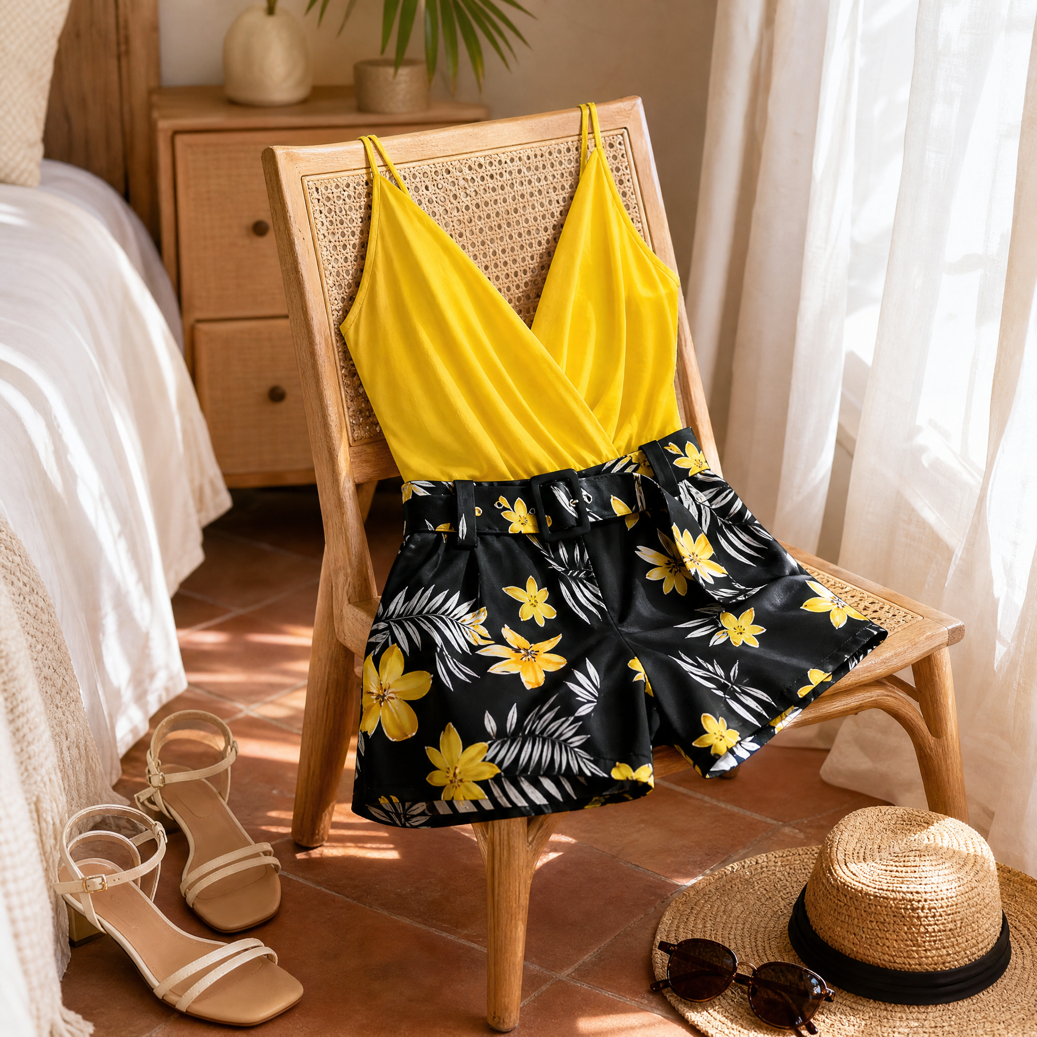 Clarendale - Women's Wrap V-Neck Summer Set with Floral Shorts