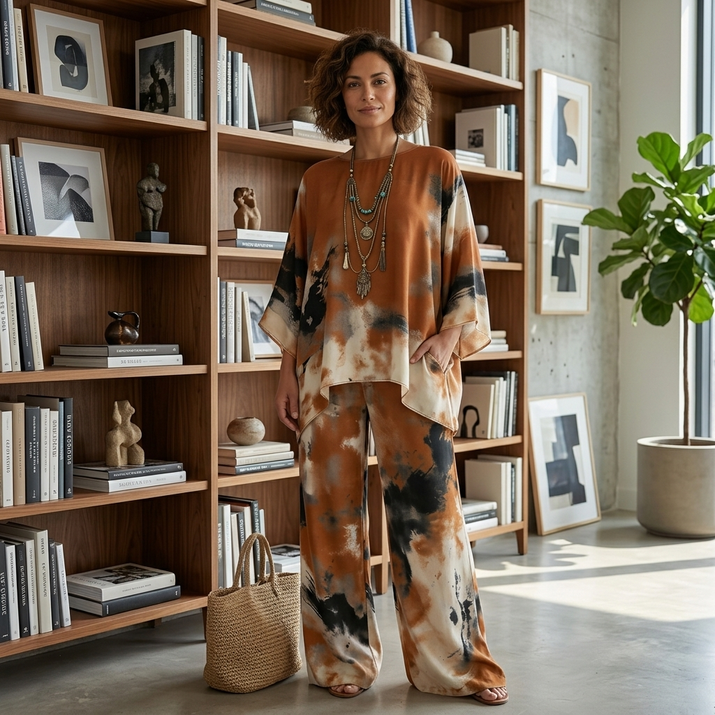 Aterra – Artistic Watercolor Tunic and Wide Leg Pants Set