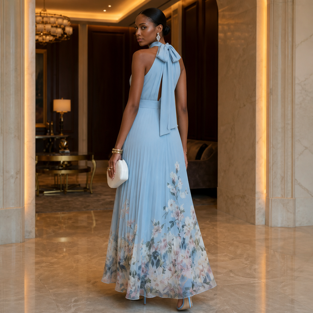 Corima – Halter Bow-Back Pleated Maxi Dress