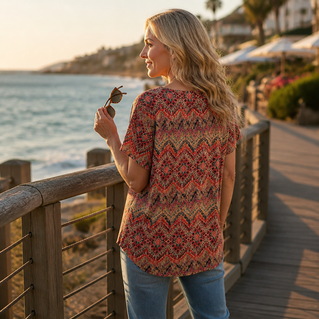 Draveil – Pleated V-Neck Printed Short-Sleeve Top