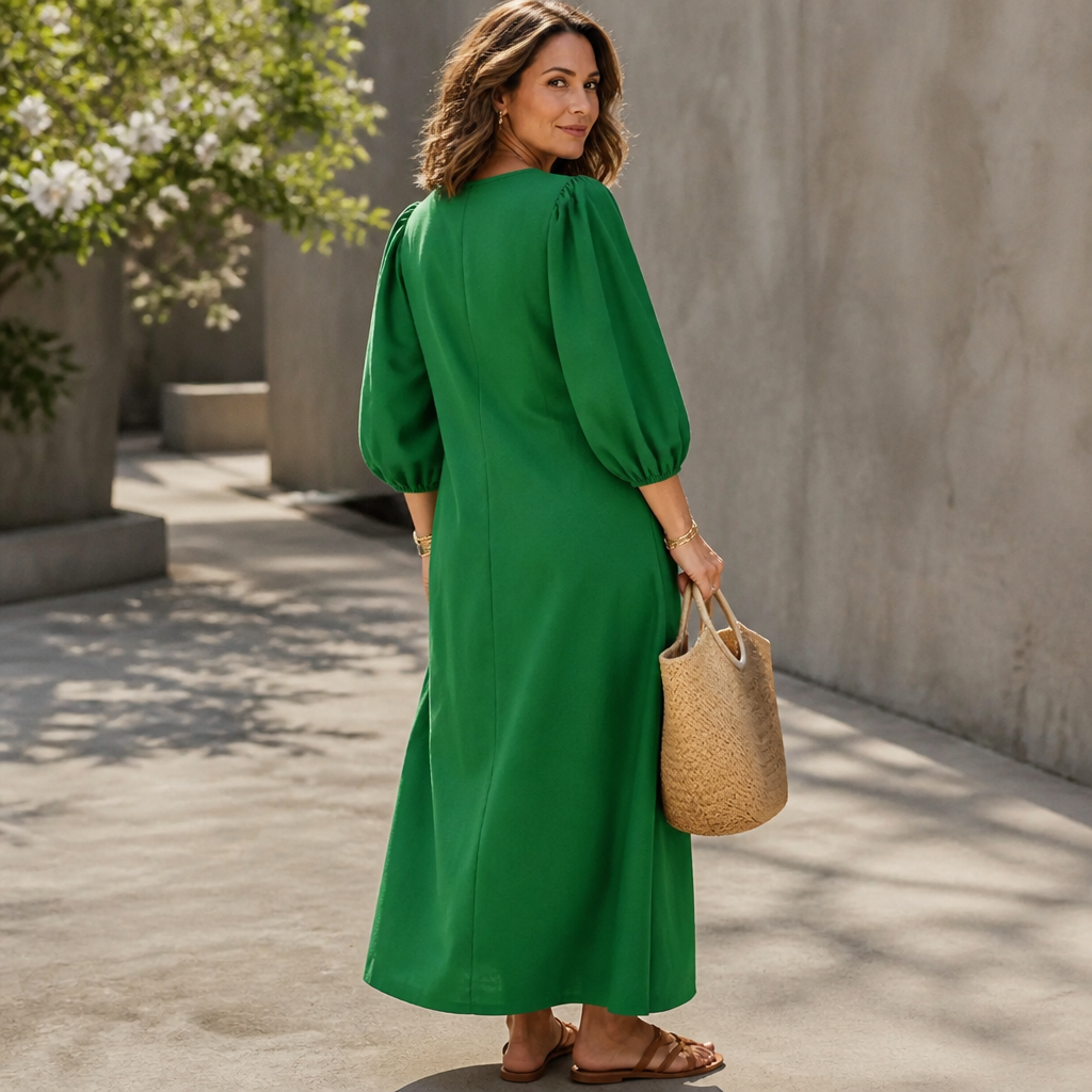 Everdrape – V-Neck Puff Sleeve Pocketed Maxi Dress