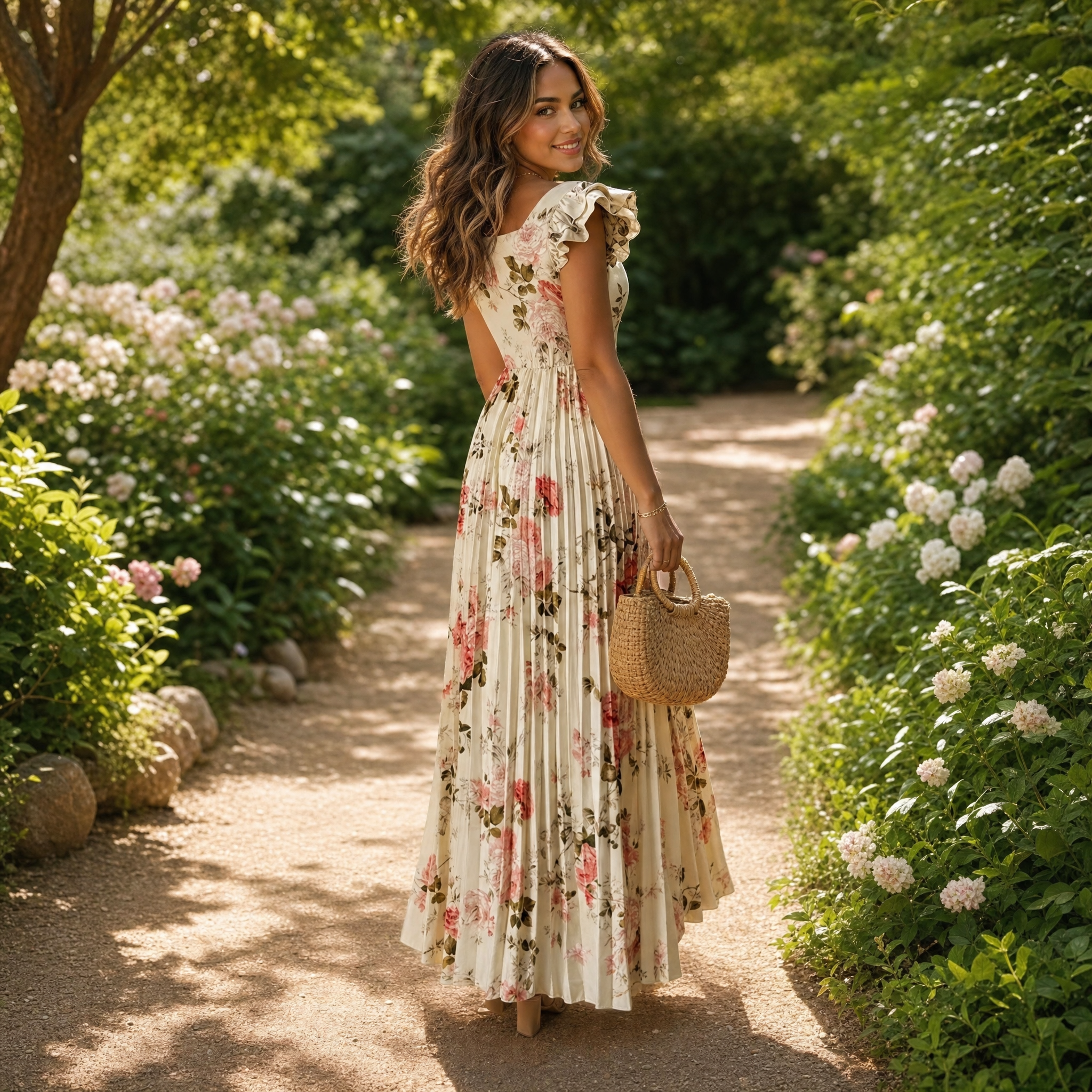 Florelle – Women's Square-Neck Floral Pleated Maxi Dress