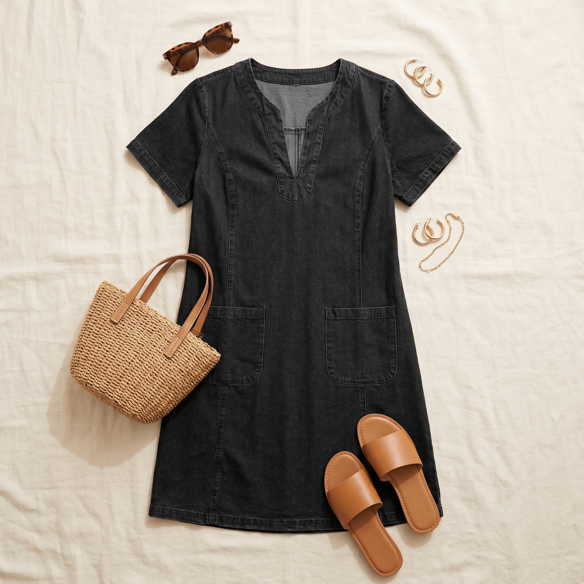 Aurelene – Women's V-Neck Denim Dress with Pockets