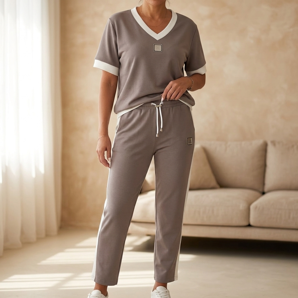 Ellara – Women's Contrast Trim V-Neck Pants Set