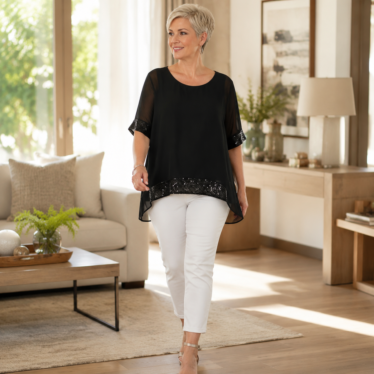 Lunara – Women's Sequin Trim Layered Chiffon Top