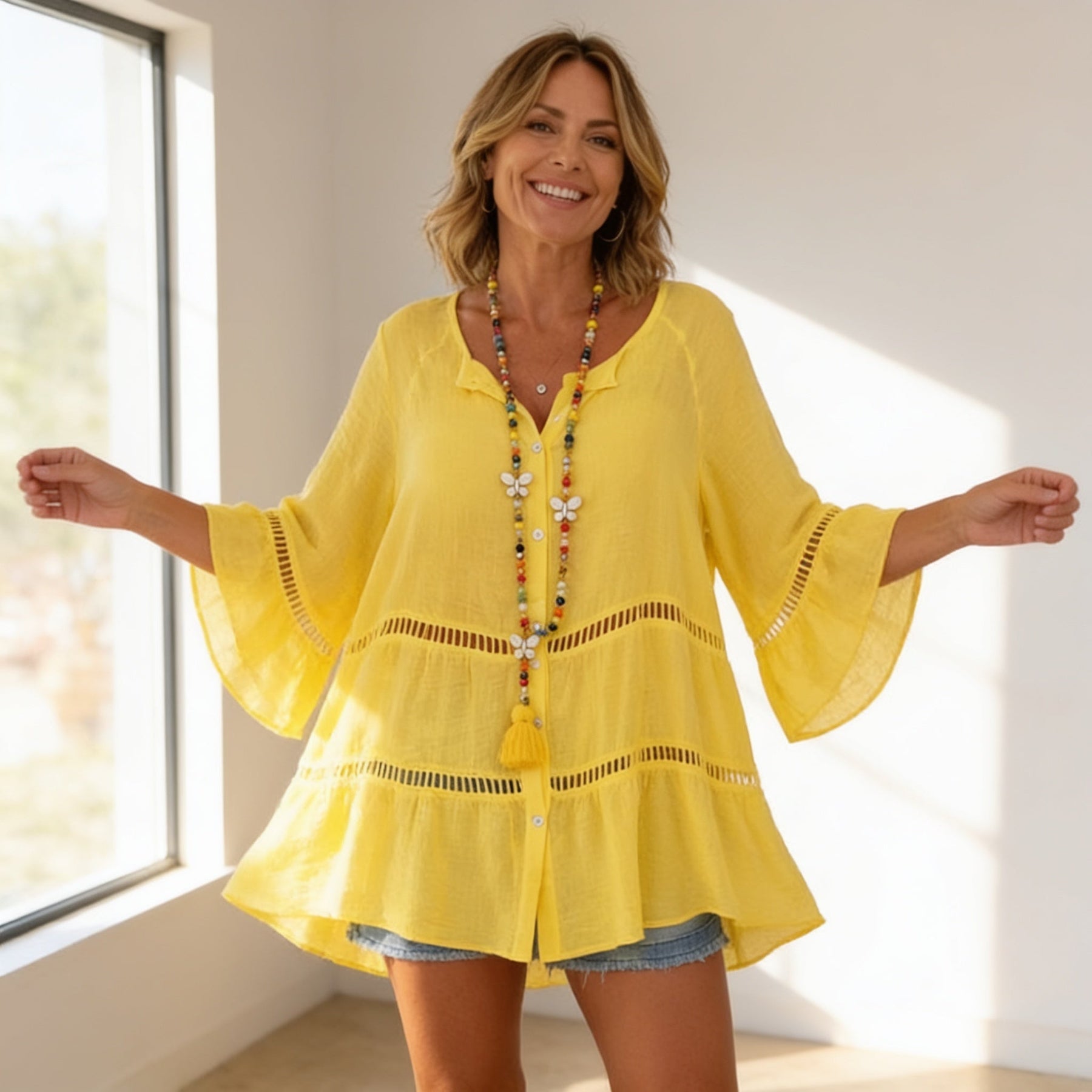 Linella – Crochet-Trim Button-Front Tunic Dress