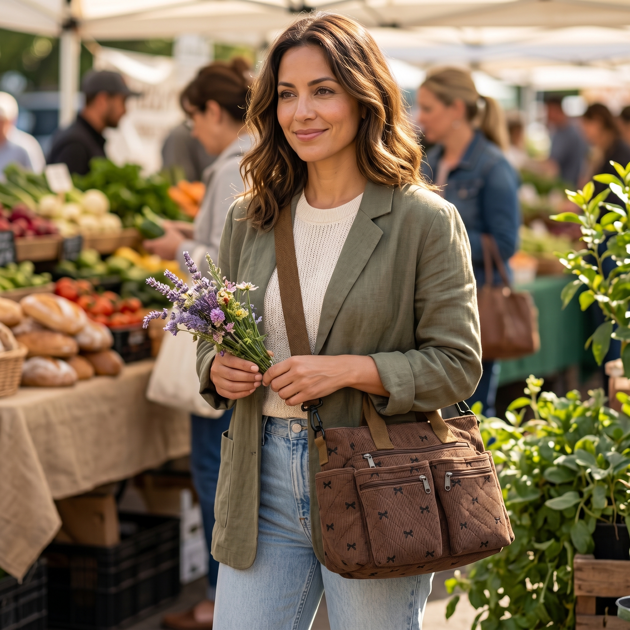 Bowette – Corduroy Bow-Print Tote with Laptop Pocket