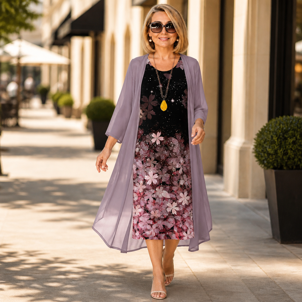 Bloomcast – Floral Midi Dress And Sheer Duster Set