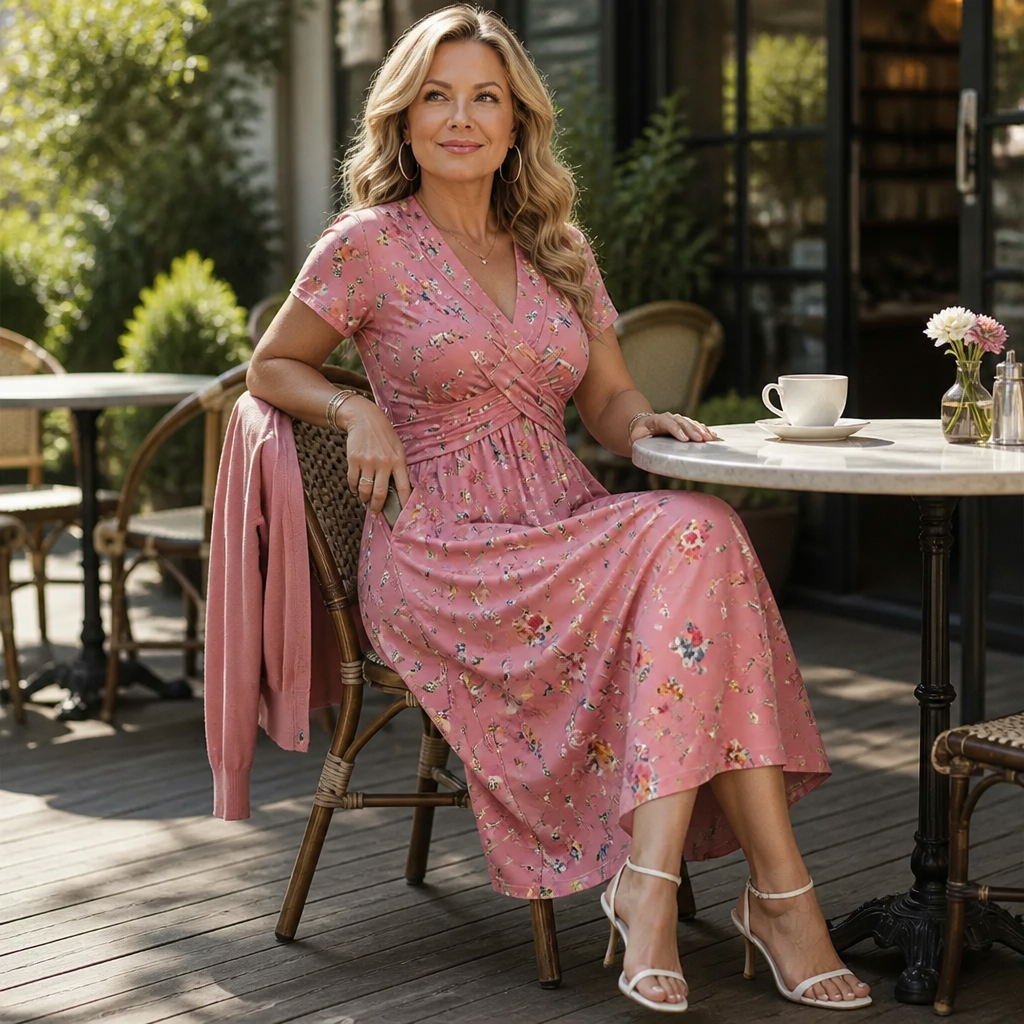 Curvella – Twist-Waist Floral V-Neck Midi Dress