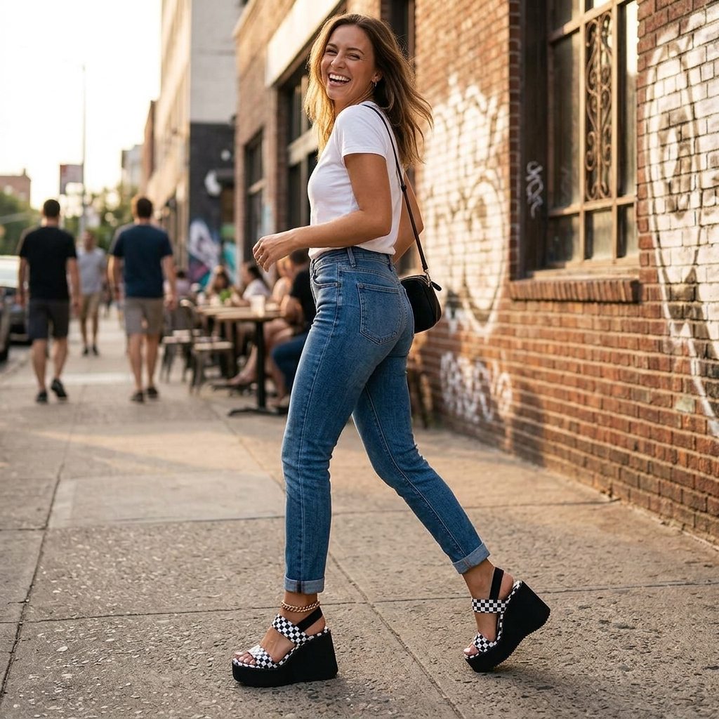 Livia – Checkered Platform Wedge Sandals