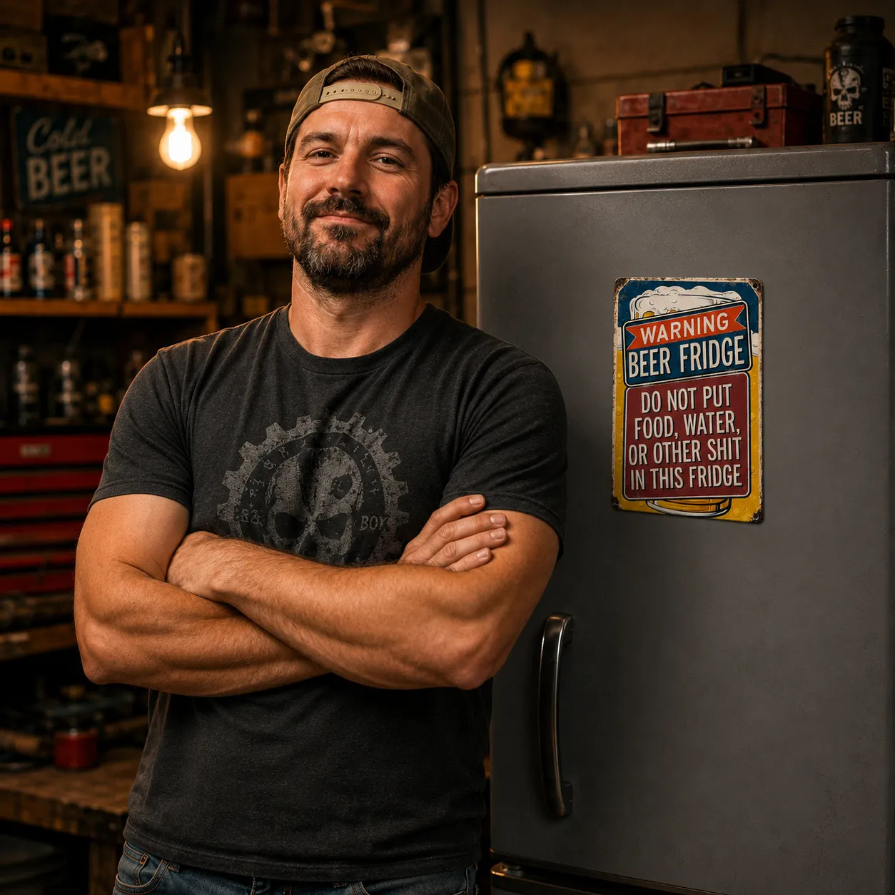 Fridgeboss – Warning Beer Fridge funny metal tin sign for man cave garage