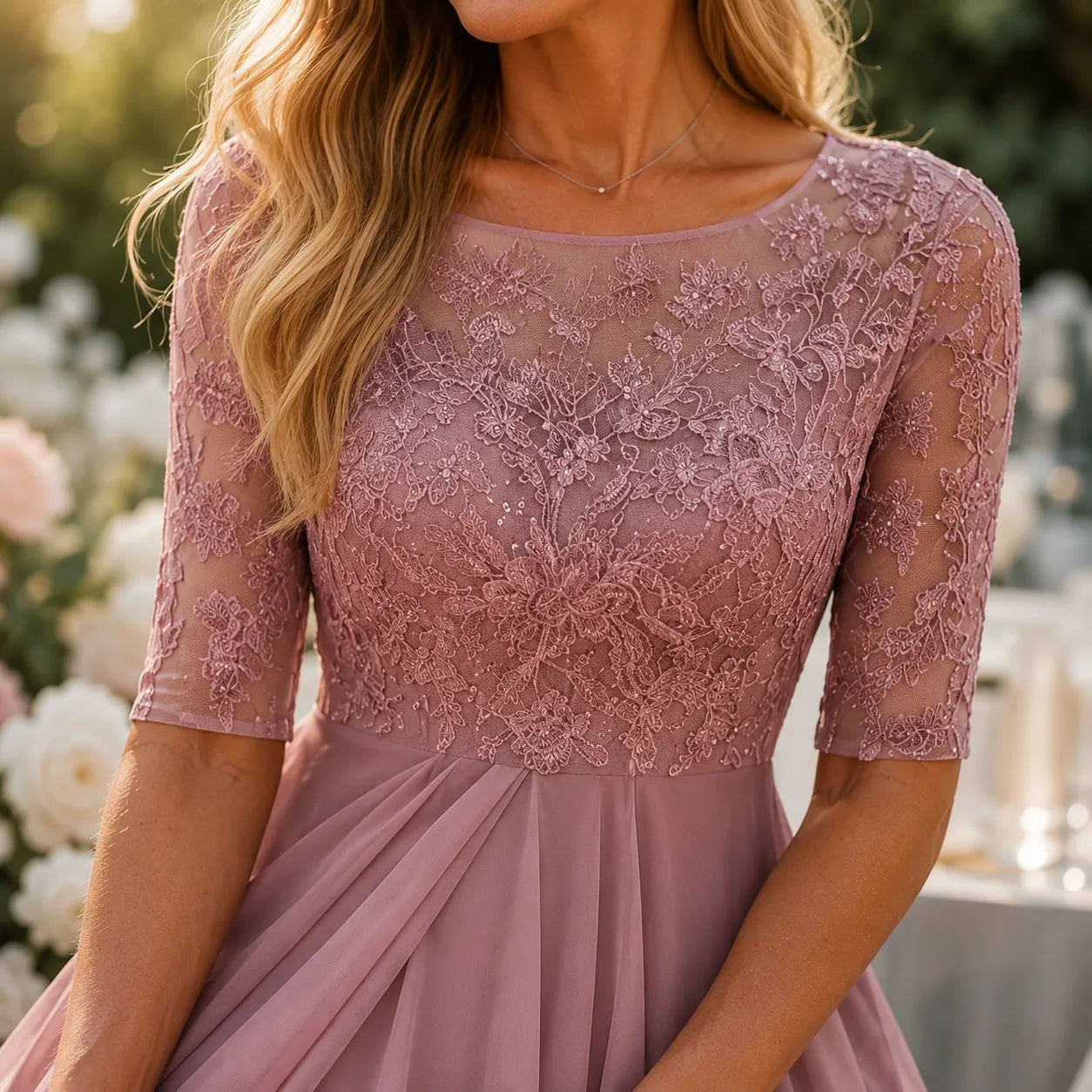 Elarose – Embroidered Lace Bodice Midi Dress for Weddings